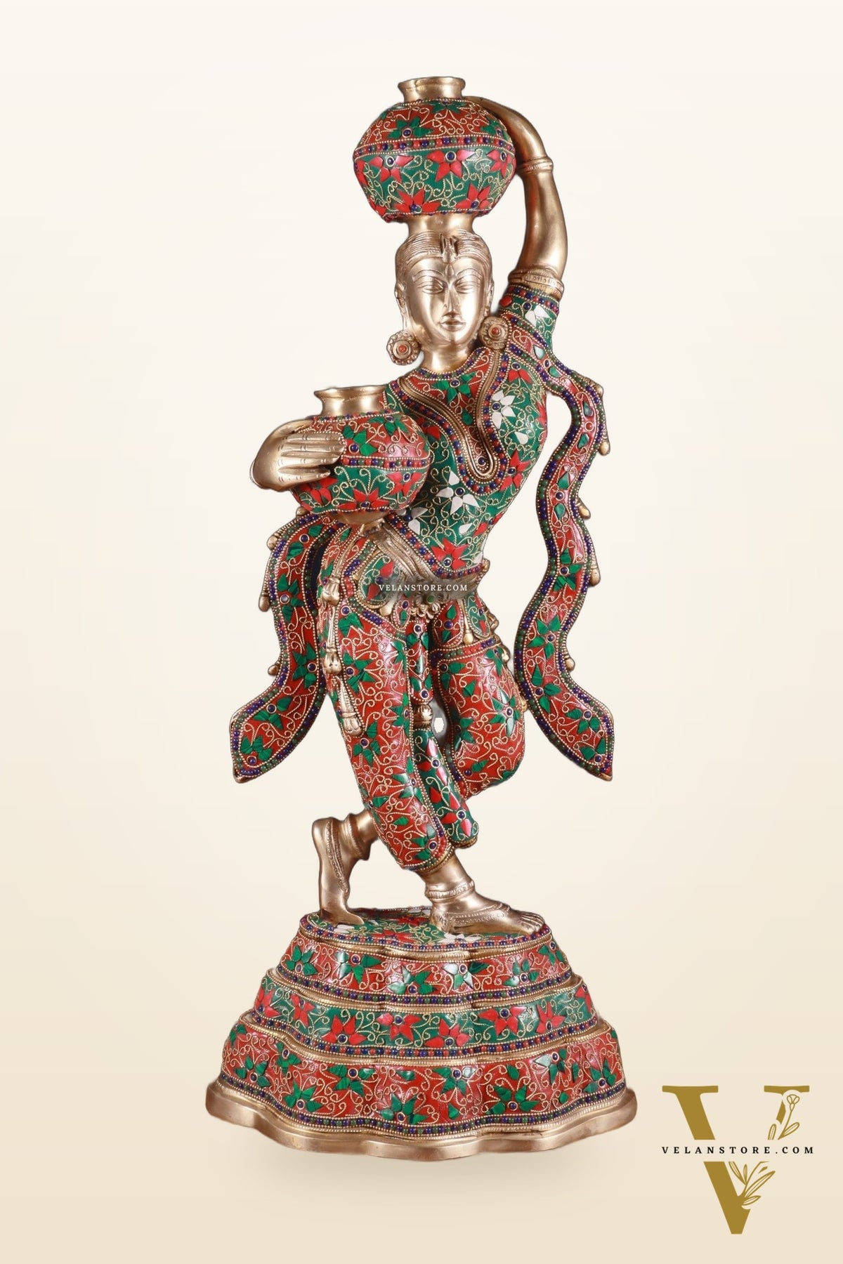 Pure Brass Krishna’s Gopi Carrying Butter Pots – Meenakari Marvel, 27.2 Inch