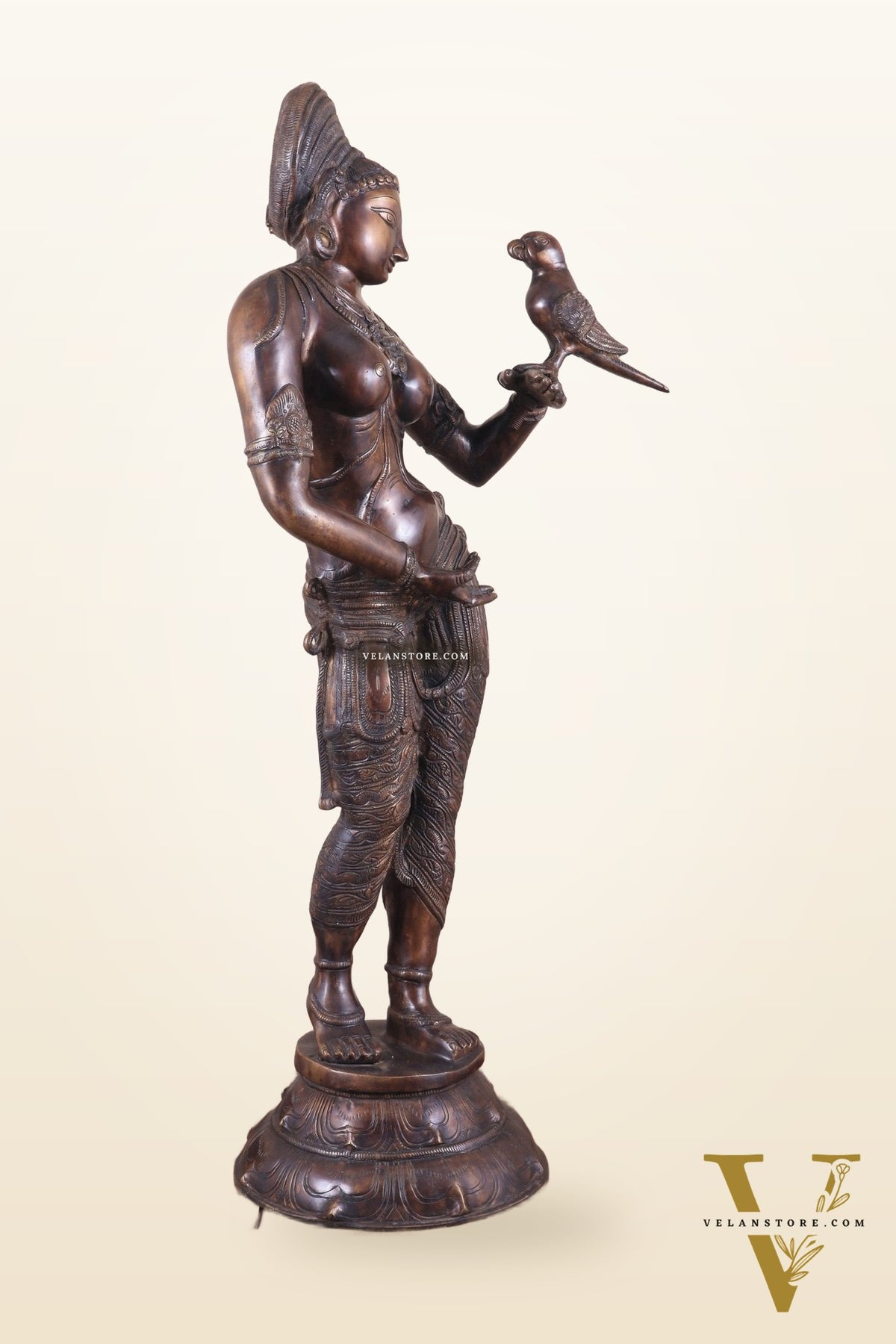 Pure Brass Lady Holding Parrot Sculpture - 38" Chola tone