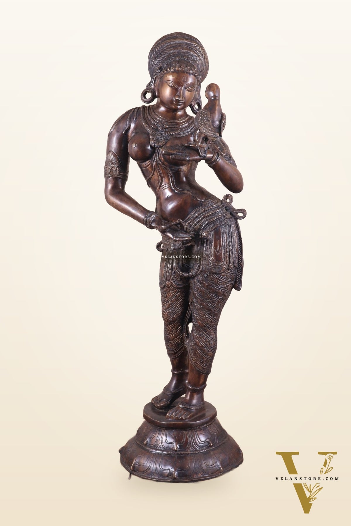 Pure Brass Lady Holding Parrot Sculpture - 38" Chola tone