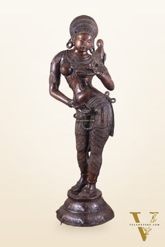 Pure Brass Lady Holding Parrot Sculpture - 38" Chola tone