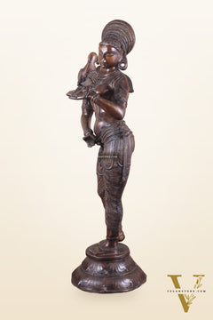 Pure Brass Lady Holding Parrot Sculpture - 38" Chola tone