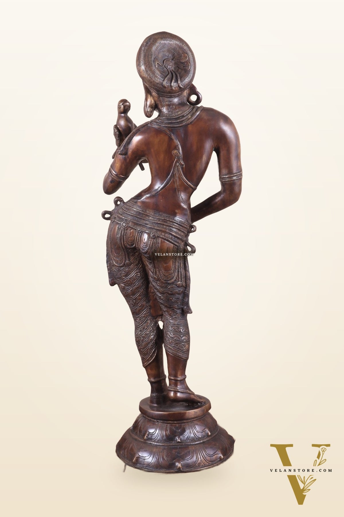 Pure Brass Lady Holding Parrot Sculpture - 38" Chola tone