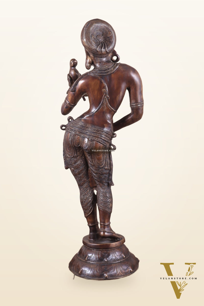 Pure Brass Lady Holding Parrot Sculpture - 38" Chola tone