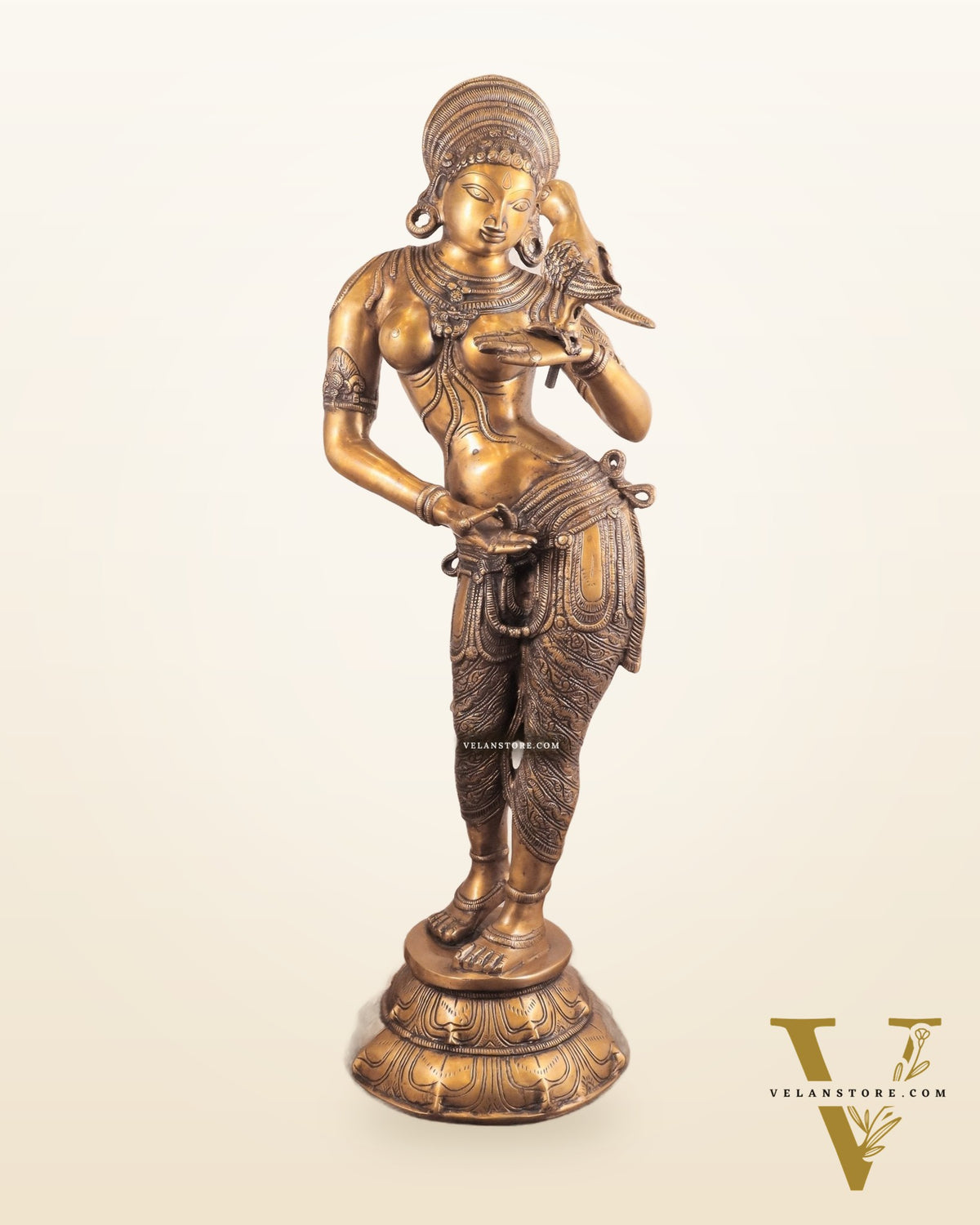Pure Brass Lady Holding Parrot Sculpture - 38"