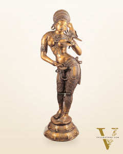 Pure Brass Lady Holding Parrot Sculpture - 38"