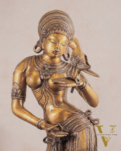 Pure Brass Lady Holding Parrot Sculpture - 38"