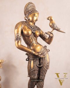 Pure Brass Lady Holding Parrot Sculpture - 38"