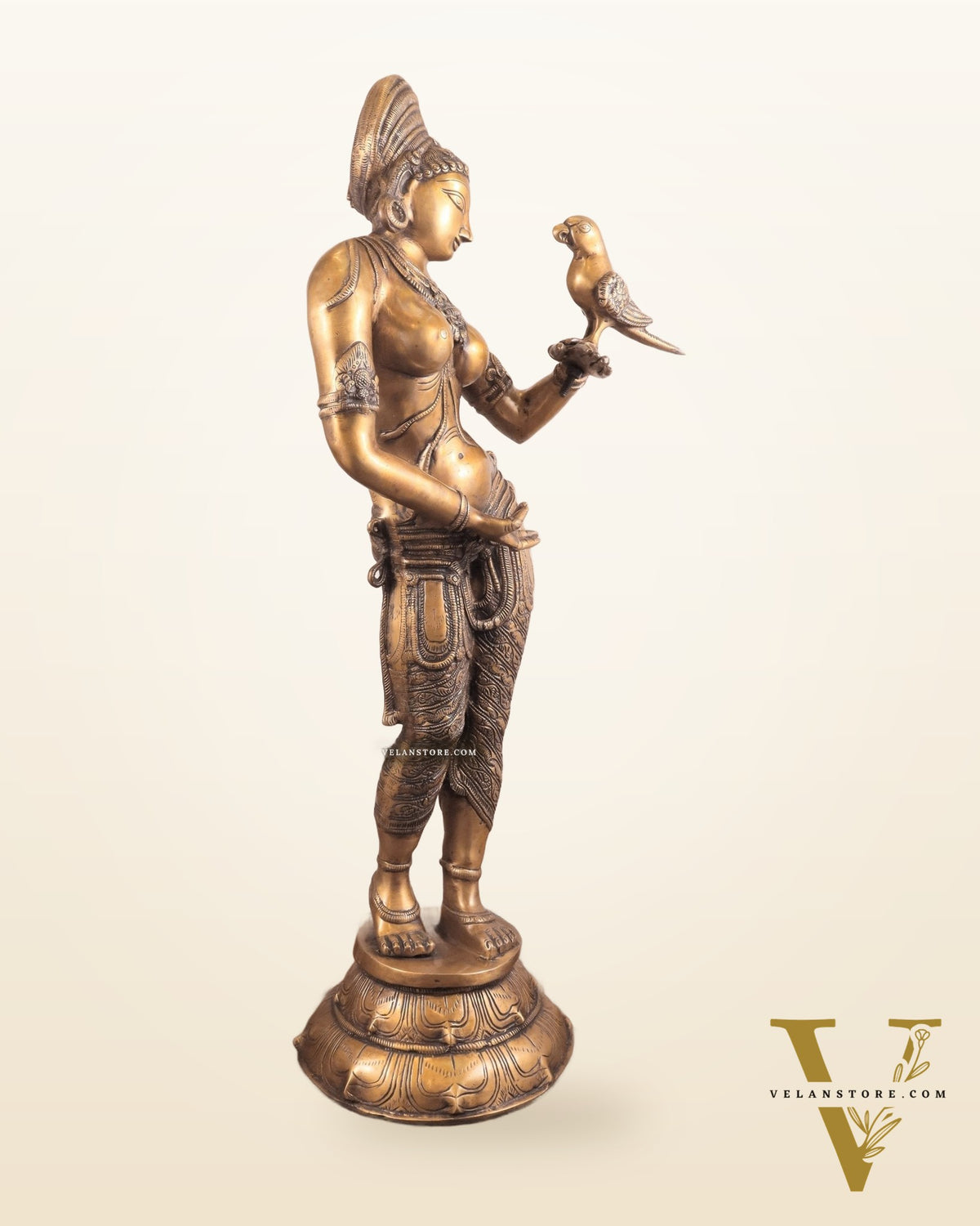 Pure Brass Lady Holding Parrot Sculpture - 38"