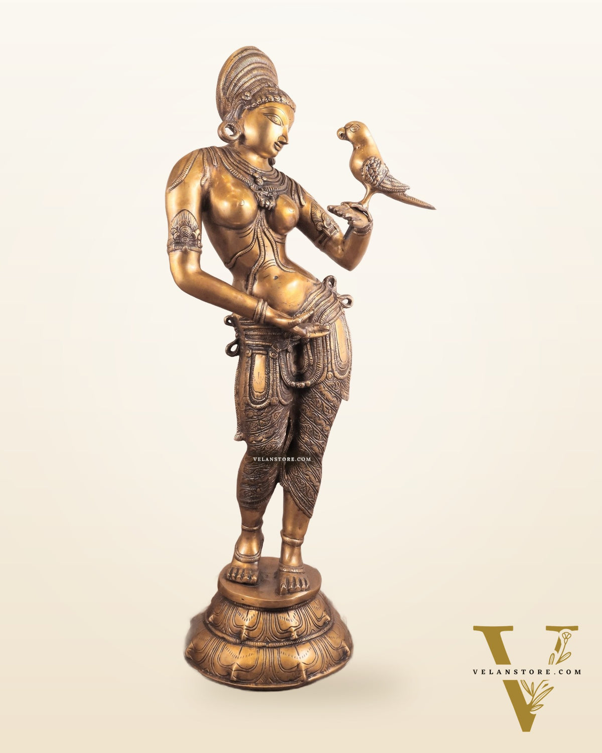 Pure Brass Lady Holding Parrot Sculpture - 38"