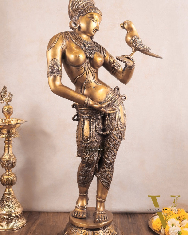Pure Brass Lady Holding Parrot Sculpture - 38"
