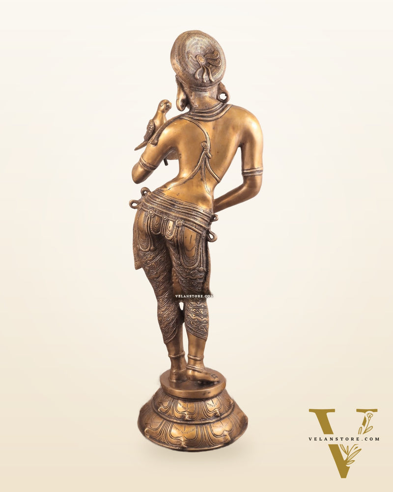 Pure Brass Lady Holding Parrot Sculpture - 38"