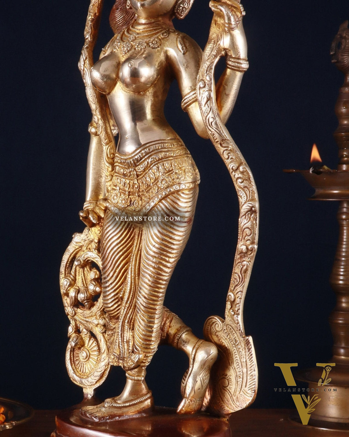 Pure Brass Lady Statue – Ajanta Inspired, 16.5 Inch double chola
