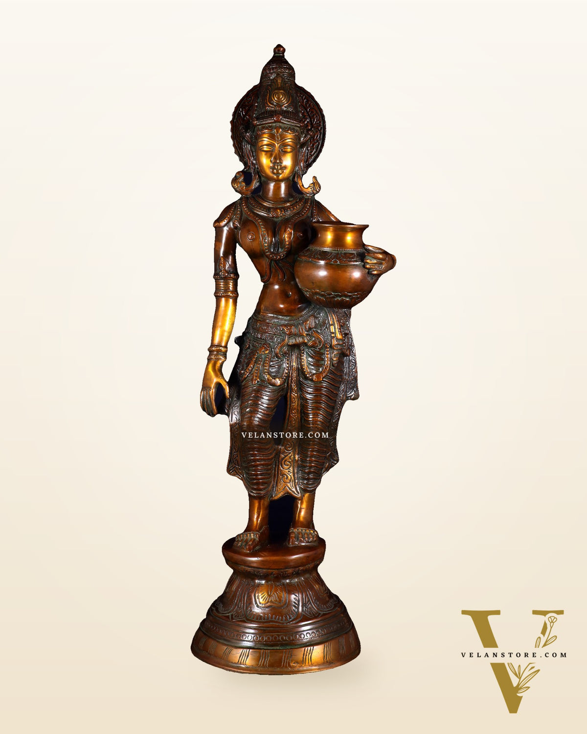 Pure Brass Lady with Pot Statue – Double Chola Tone 28.5 inch
