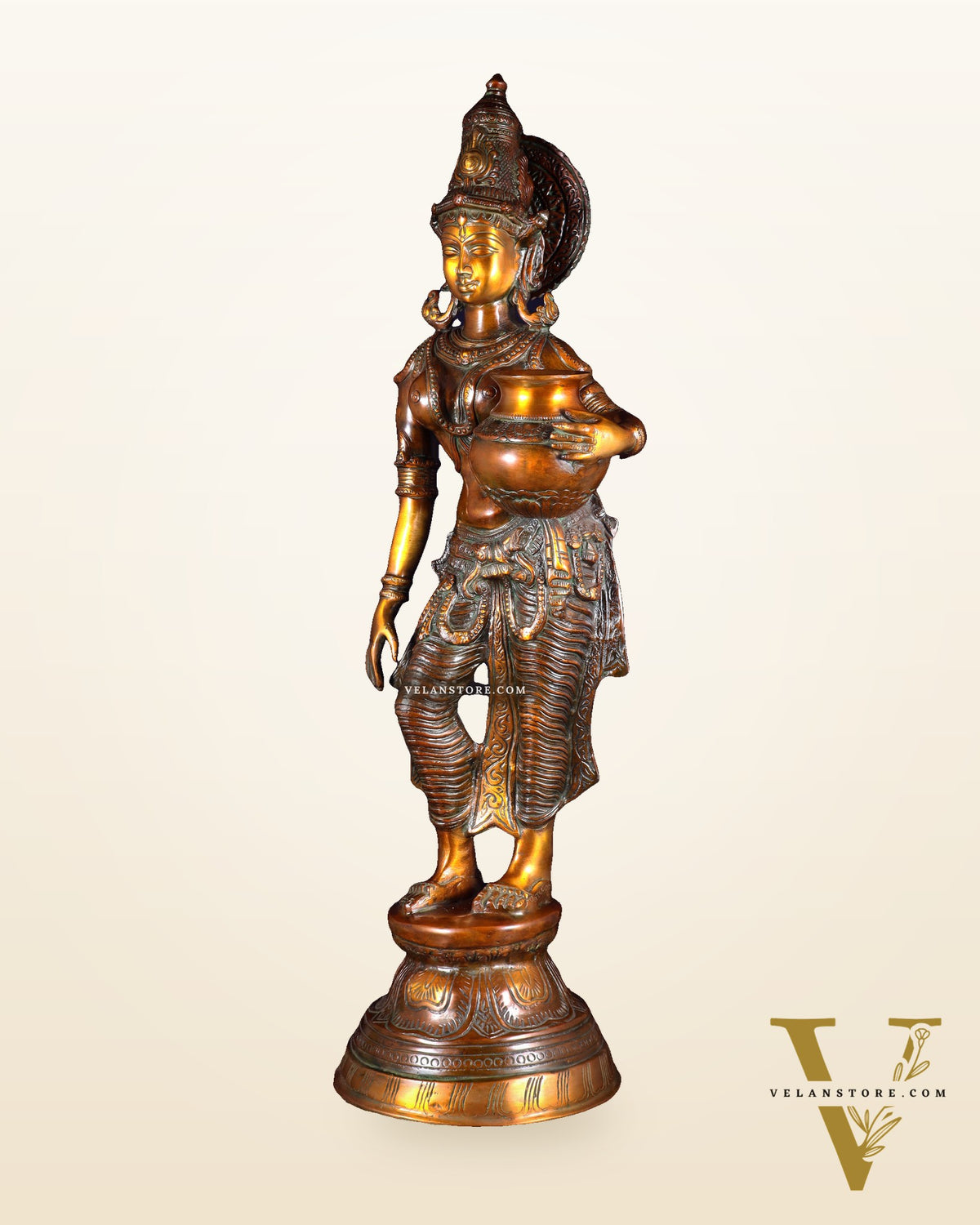 Pure Brass Lady with Pot Statue – Double Chola Tone 28.5 inch