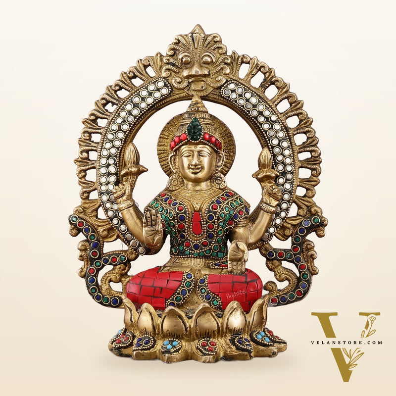 Pure Brass Lakshmi Idol with Meenakari Stonework 9.5"