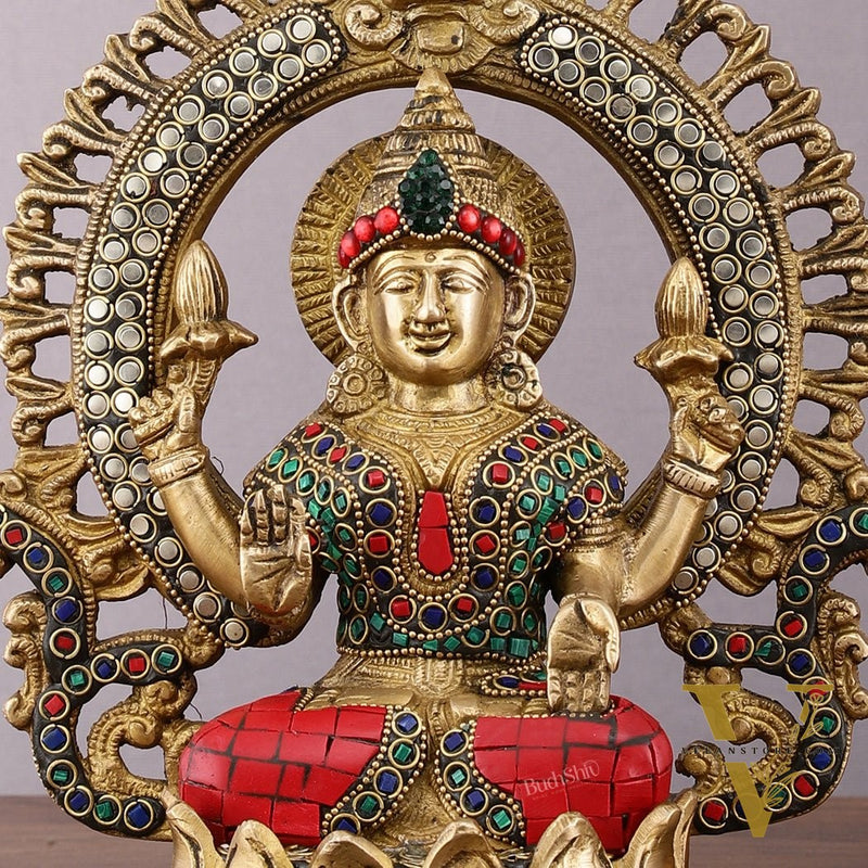 Pure Brass Lakshmi Idol with Meenakari Stonework 9.5"