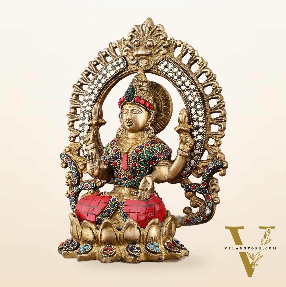 Pure Brass Lakshmi Idol with Meenakari Stonework 9.5"
