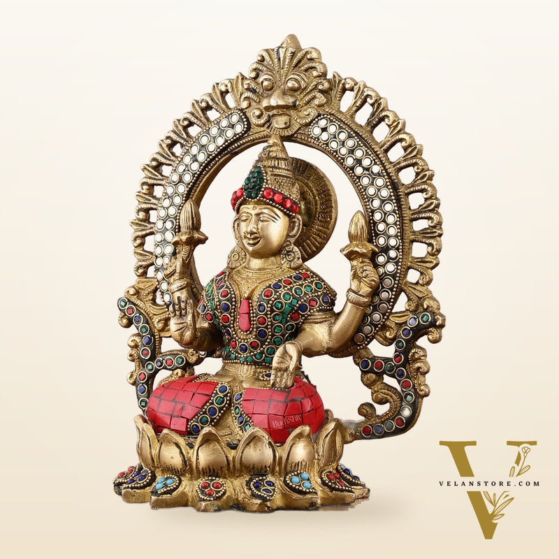 Pure Brass Lakshmi Idol with Meenakari Stonework 9.5"