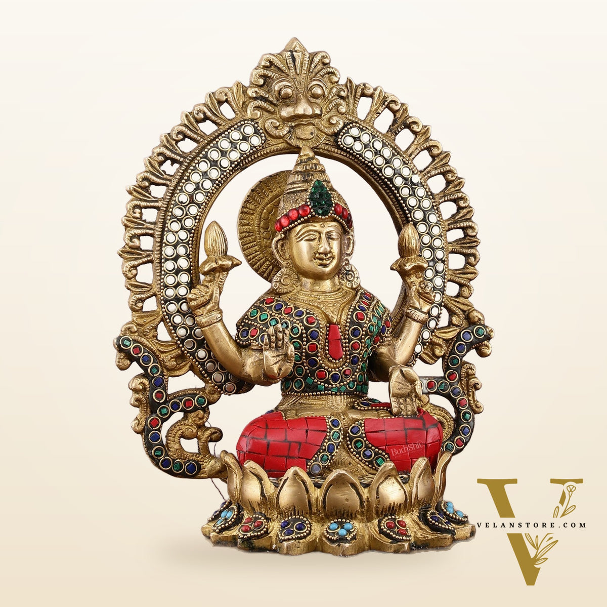 Pure Brass Lakshmi Idol with Meenakari Stonework 9.5"