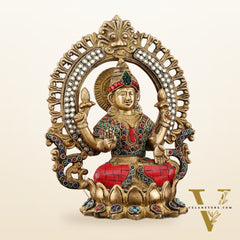 Pure Brass Lakshmi Idol with Meenakari Stonework 9.5"