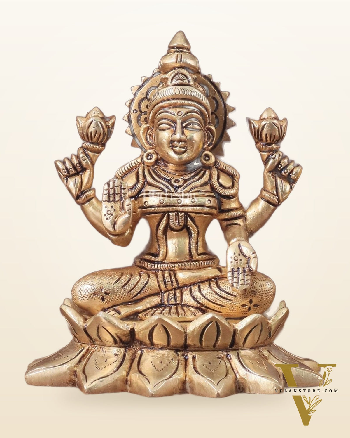 Pure Brass lakshmi in Lotus Base Idol - 5.5"