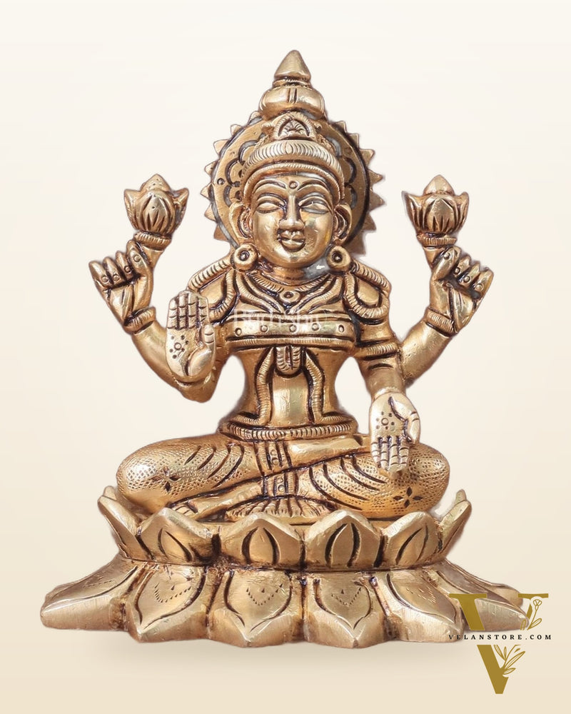 Pure Brass lakshmi in Lotus Base Idol - 5.5"