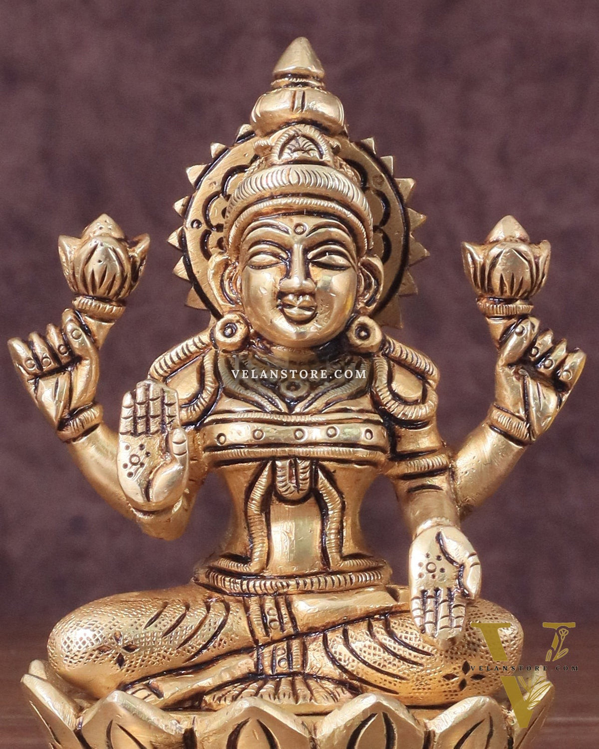 Pure Brass lakshmi in Lotus Base Idol - 5.5"