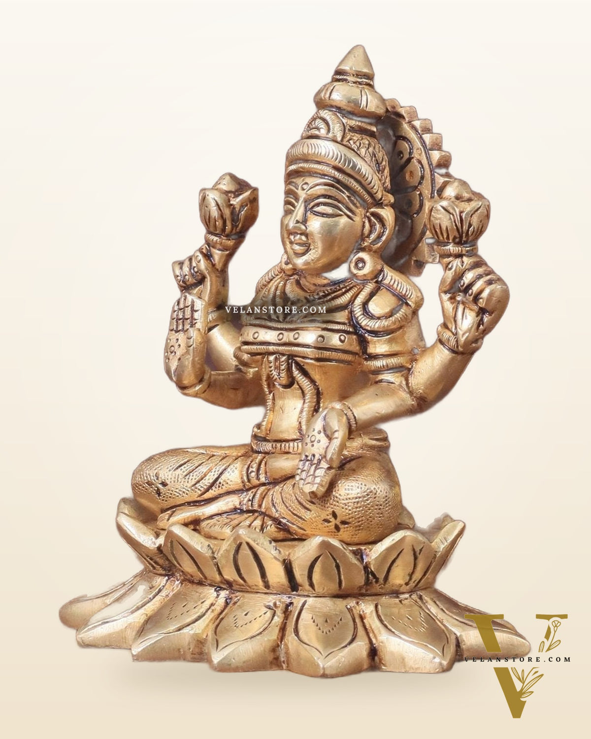 Pure Brass lakshmi in Lotus Base Idol - 5.5"