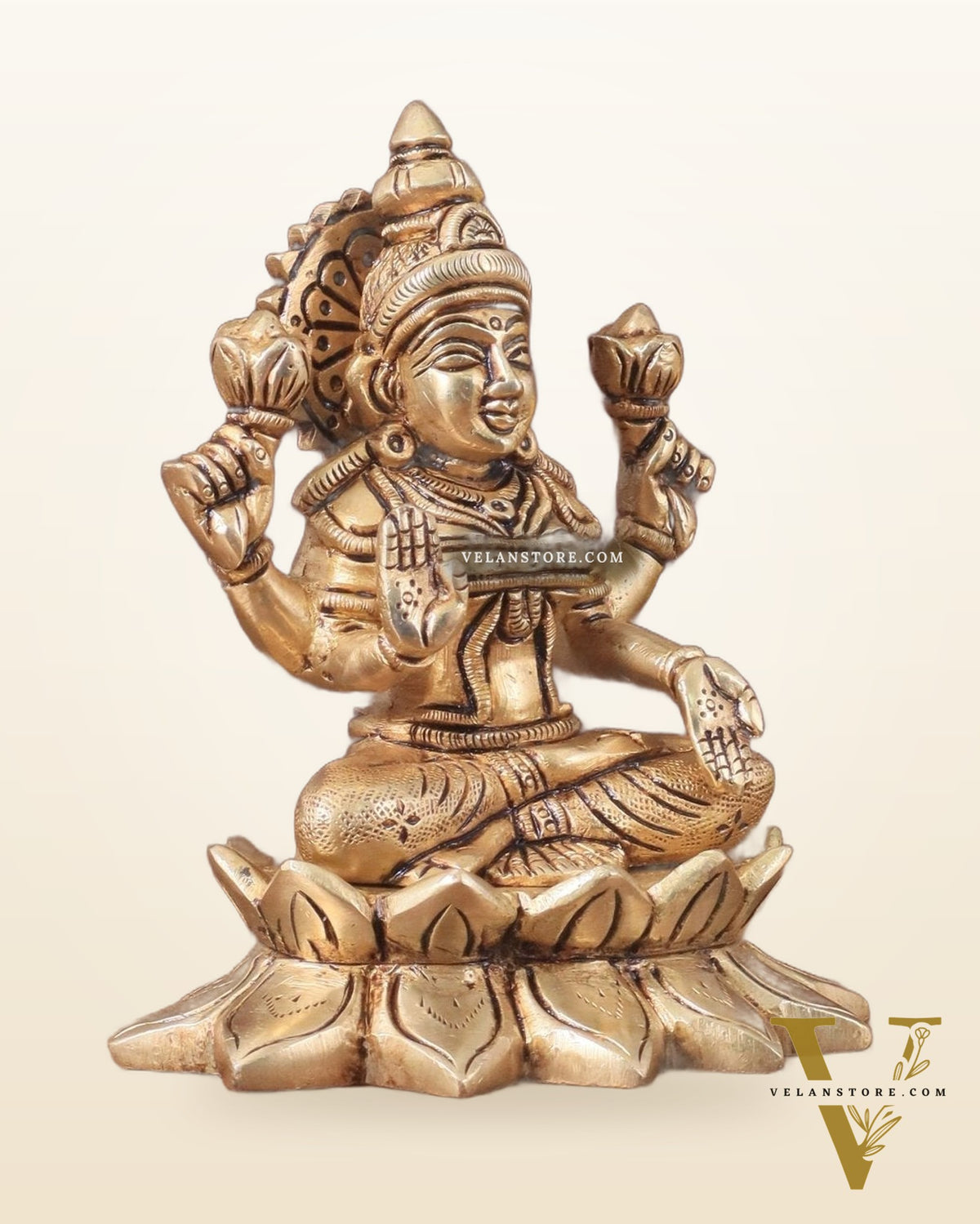 Pure Brass lakshmi in Lotus Base Idol - 5.5"