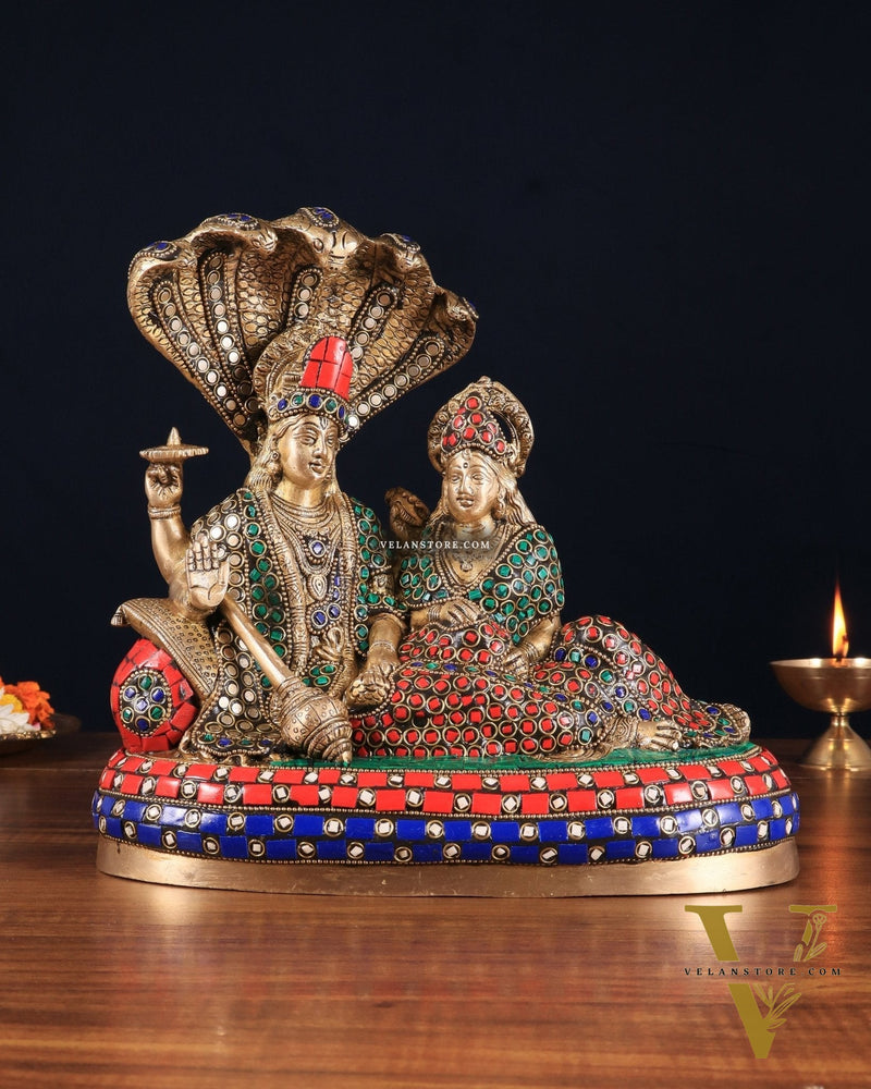 Pure Brass Lakshmi Narayan Resting on Sheshanaag Idol 10" with stonework