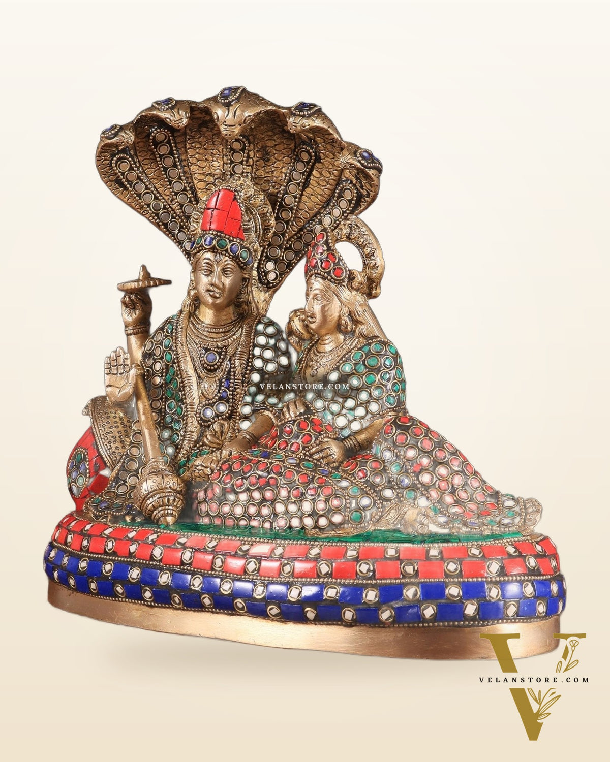 Pure Brass Lakshmi Narayan Resting on Sheshanaag Idol 10" with stonework