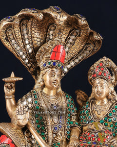 Pure Brass Lakshmi Narayan Resting on Sheshanaag Idol 10" with stonework