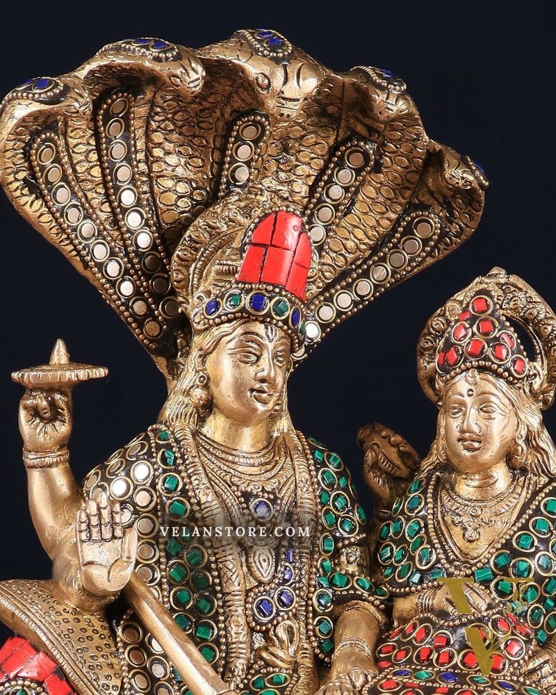 Pure Brass Lakshmi Narayan Resting on Sheshanaag Idol 10" with stonework