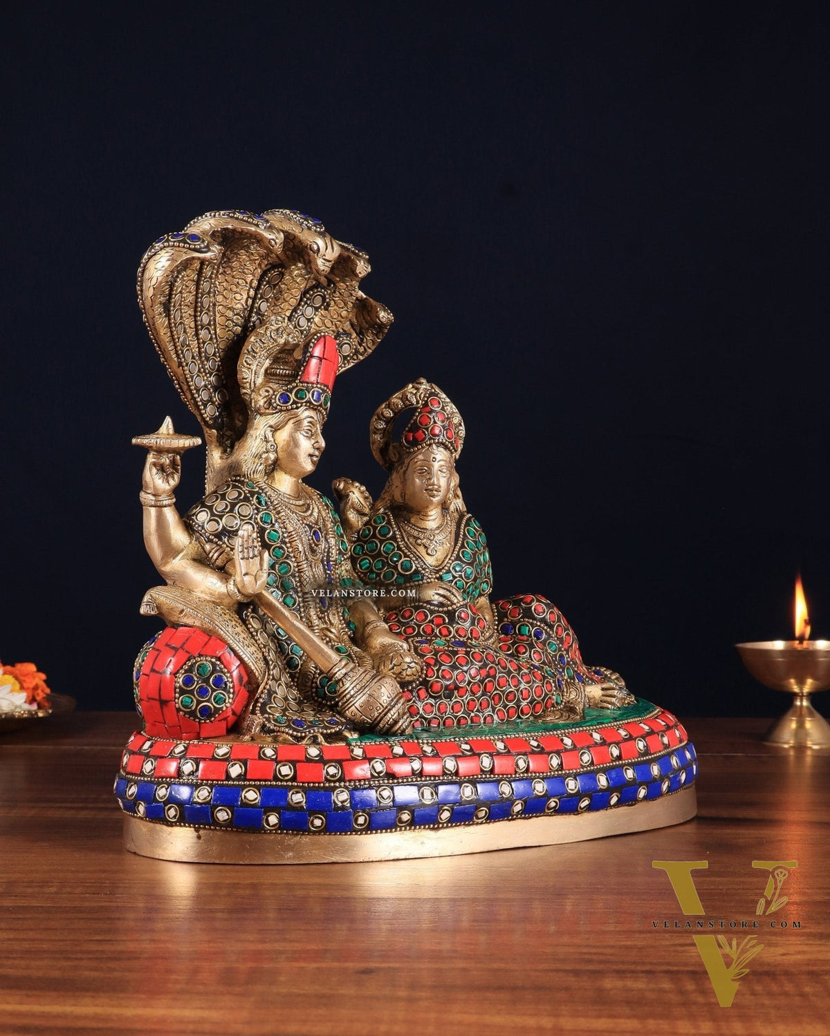 Pure Brass Lakshmi Narayan Resting on Sheshanaag Idol 10" with stonework