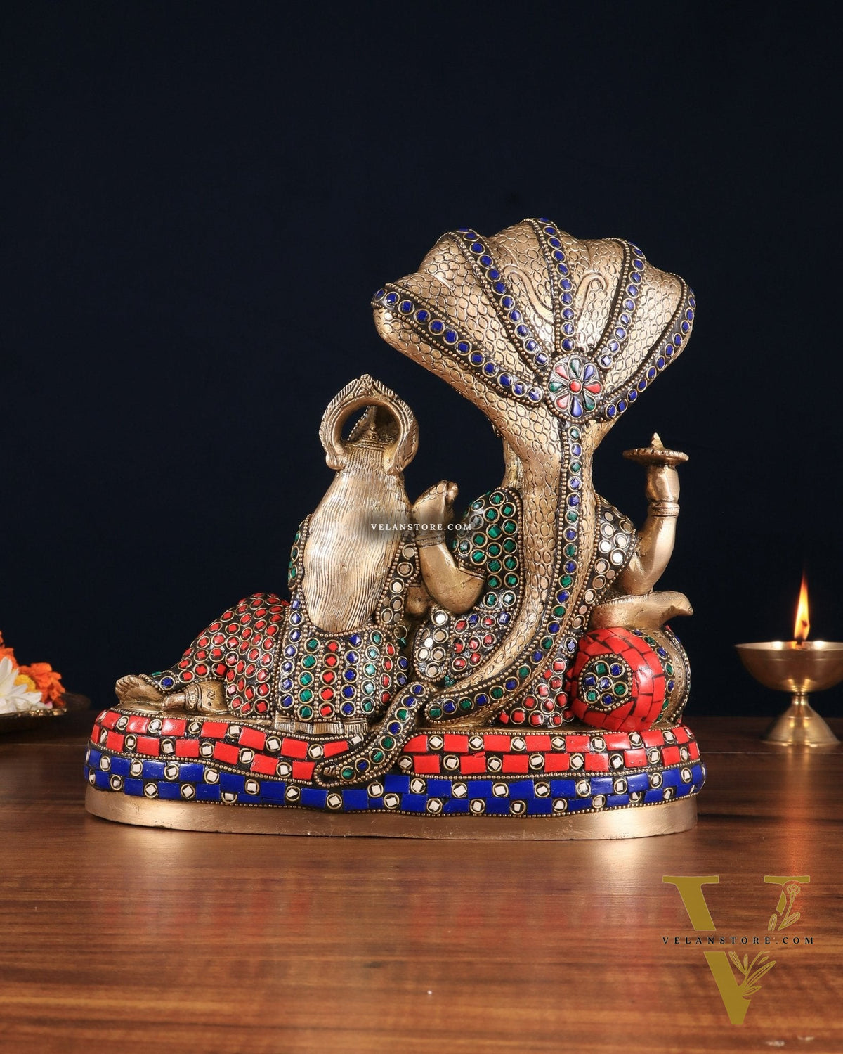 Pure Brass Lakshmi Narayan Resting on Sheshanaag Idol 10" with stonework