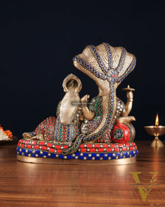 Pure Brass Lakshmi Narayan Resting on Sheshanaag Idol 10" with stonework