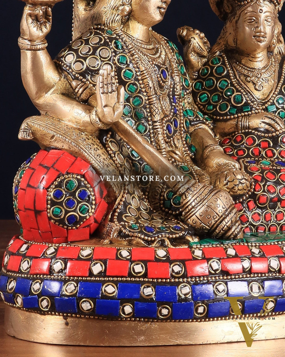 Pure Brass Lakshmi Narayan Resting on Sheshanaag Idol 10" with stonework