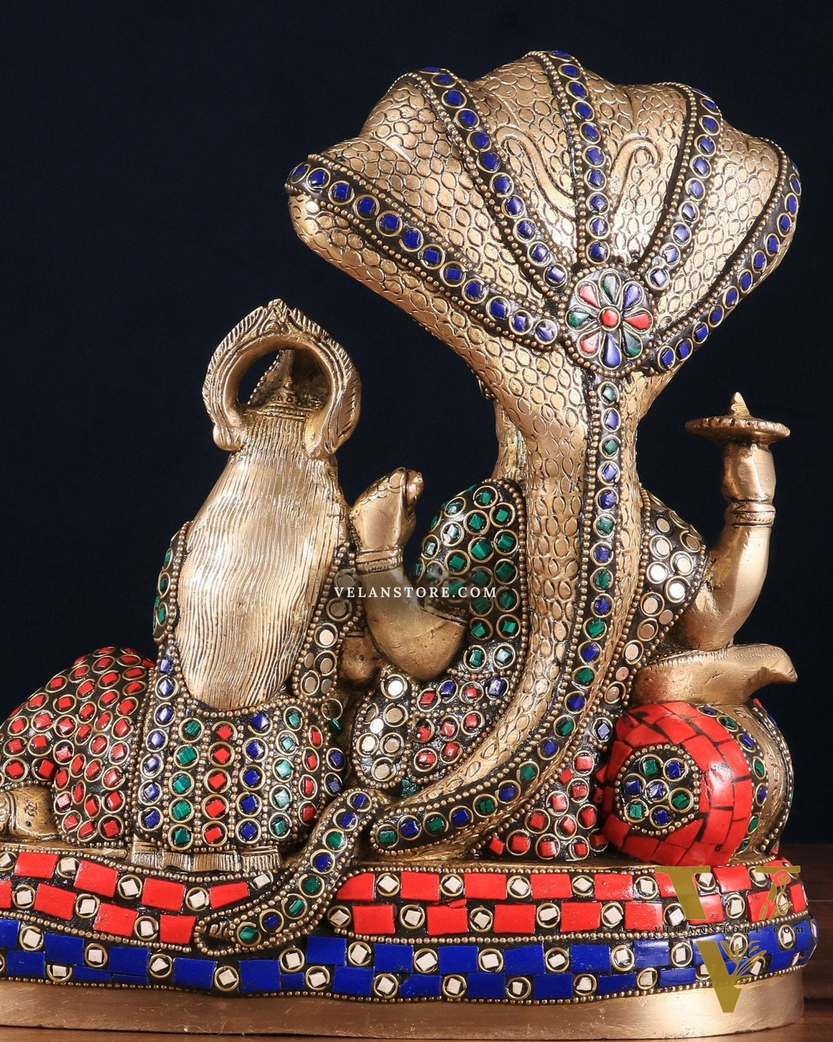 Pure Brass Lakshmi Narayan Resting on Sheshanaag Idol 10" with stonework