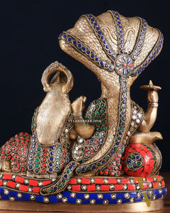 Pure Brass Lakshmi Narayan Resting on Sheshanaag Idol 10" with stonework