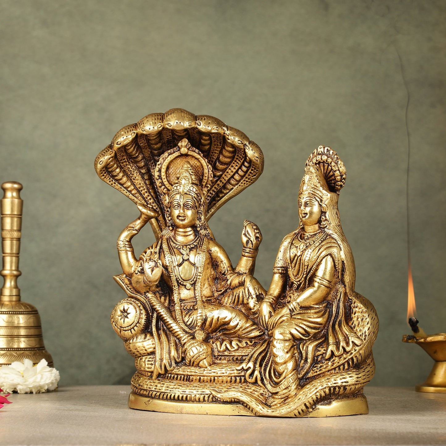 Pure Brass Lakshmi Narayan Resting on Sheshanaag Idol - 8 inch