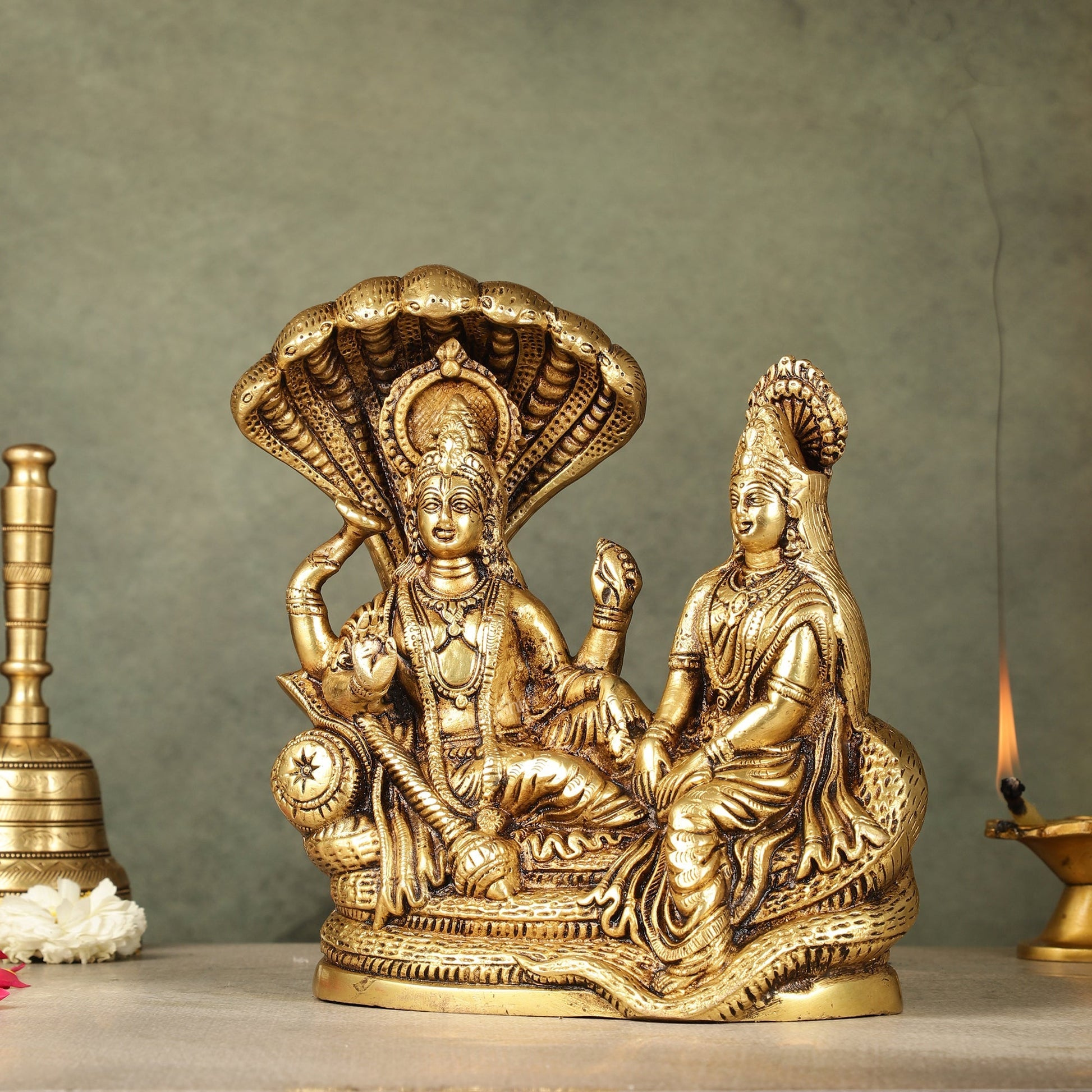 Pure Brass Lakshmi Narayan Resting on Sheshanaag Idol - 8 inch
