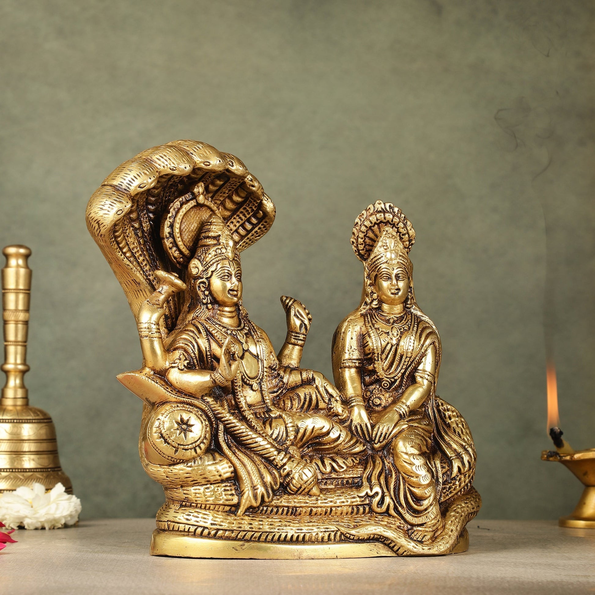Pure Brass Lakshmi Narayan Resting on Sheshanaag Idol - 8 inch