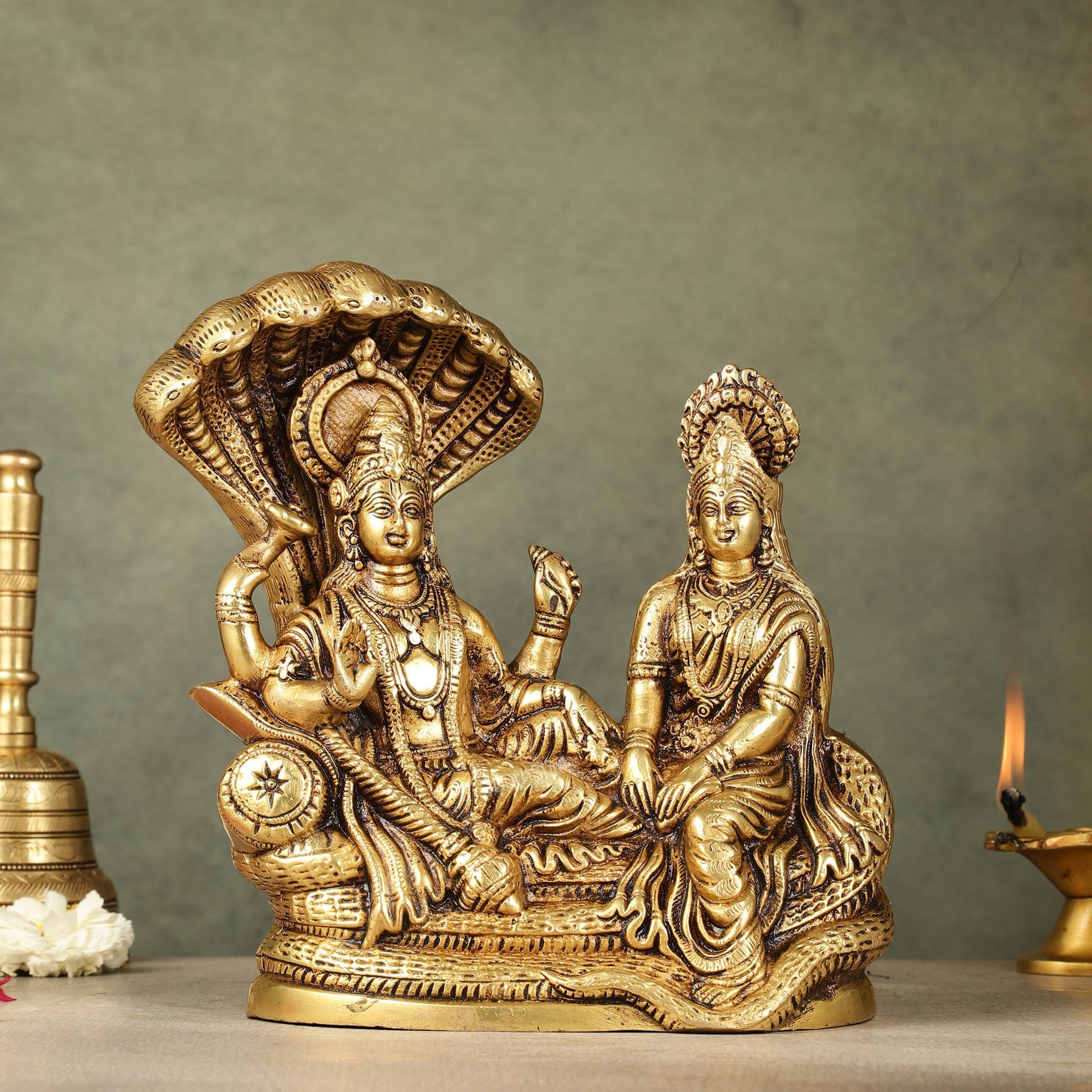 Pure Brass Lakshmi Narayan Resting on Sheshanaag Idol - 8 inch