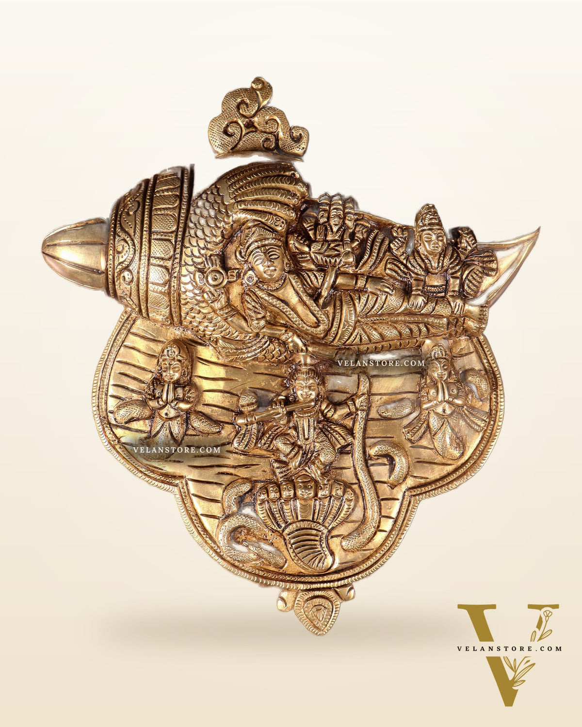 Pure Brass Lakshmi Narayana with Kalinga Krishna Carved on Shankh | Wall Hanging