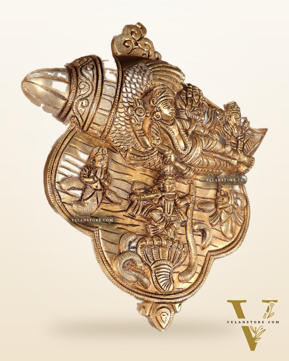 Pure Brass Lakshmi Narayana with Kalinga Krishna Carved on Shankh | Wall Hanging