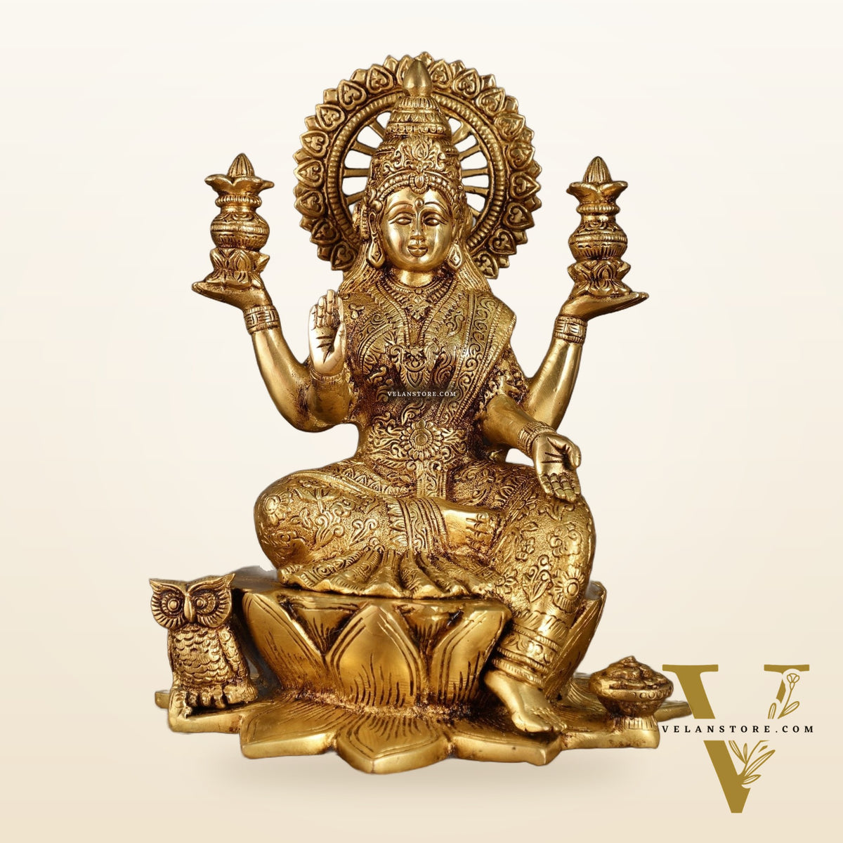 Pure Brass Lakshmi with Owl Idol Seated on Lotus | 11 Inch Height | 6.25 KG