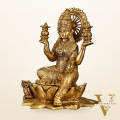 Pure Brass Lakshmi with Owl Idol Seated on Lotus | 11 Inch Height | 6.25 KG
