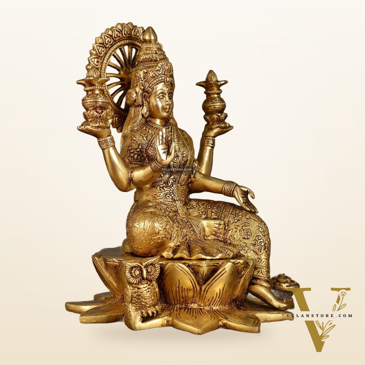 Pure Brass Lakshmi with Owl Idol Seated on Lotus | 11 Inch Height | 6.25 KG
