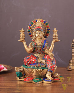 Pure Brass Lakshmi with Owl Idol Seated on Lotus | 11 Inch meenakari