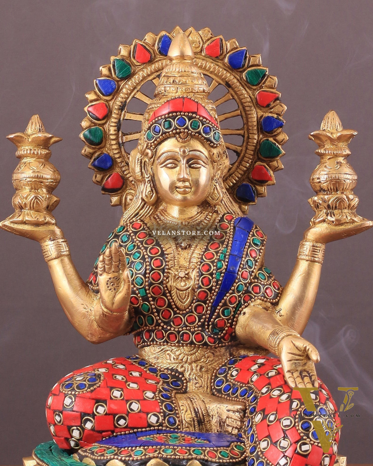 Pure Brass Lakshmi with Owl Idol Seated on Lotus | 11 Inch meenakari